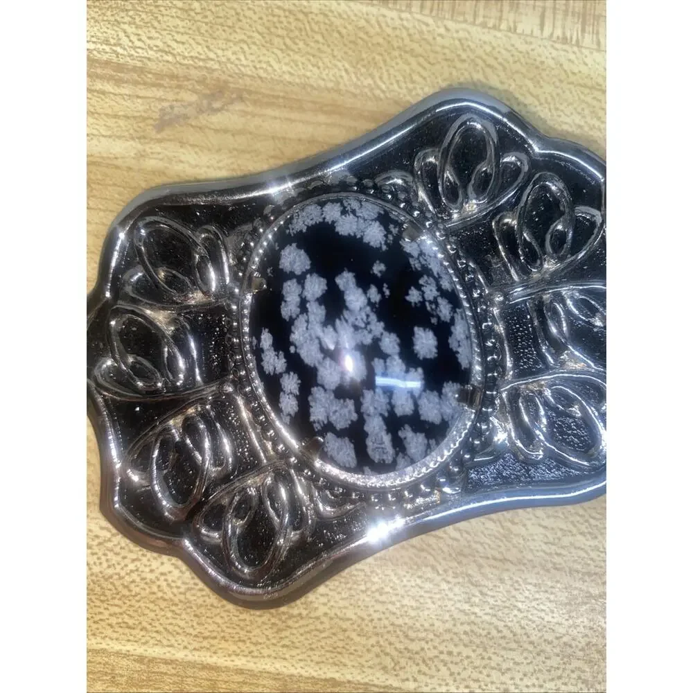 Black Gray Oval Cabochon Centerpiece Silver Tone Western Rodeo Belt Buckle